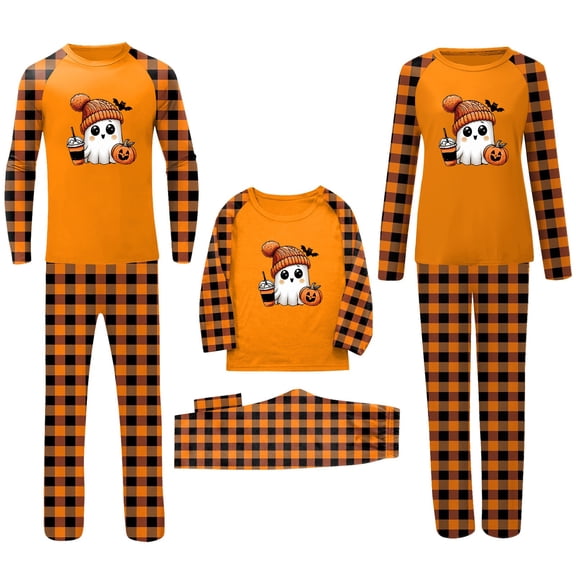 Onlypjs Matching Halloween Pajamas for Family Orange Buffalo Plaid Raglan Sleepwear Pjs Sets Cute Ghost Pumpkin Loungewear for Adults Women Men Couples 2 Piece