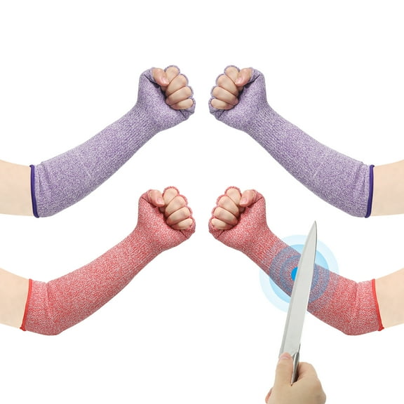 16 Inch Cut Resistant Sleeves with Finger Grips Forearm Protective Sleeves Level 5 Protection Purple/Red 2 Pair