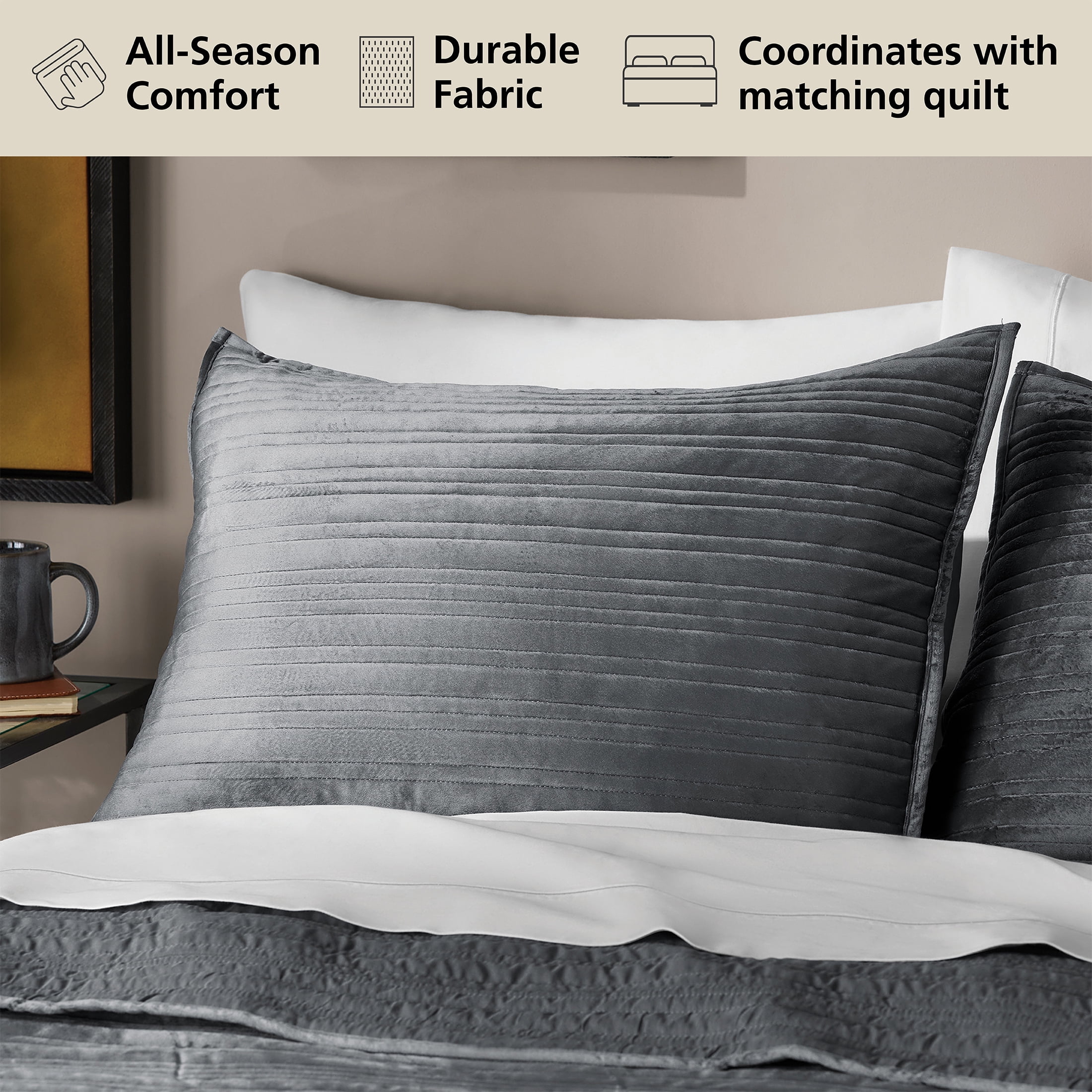 Mainstays Soft Velvet Pillow Sham, Standard, Soothing Grey, 1 Pack