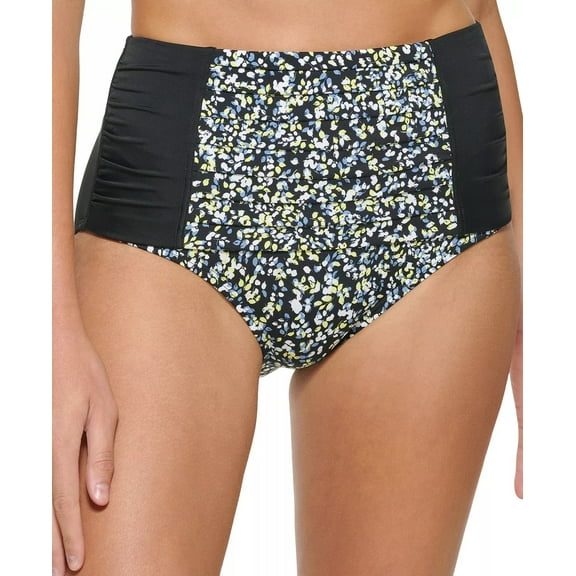 Calvin Klein BLACK MULTI Pleated High-Waist Bikini Swim Bottom, US Small