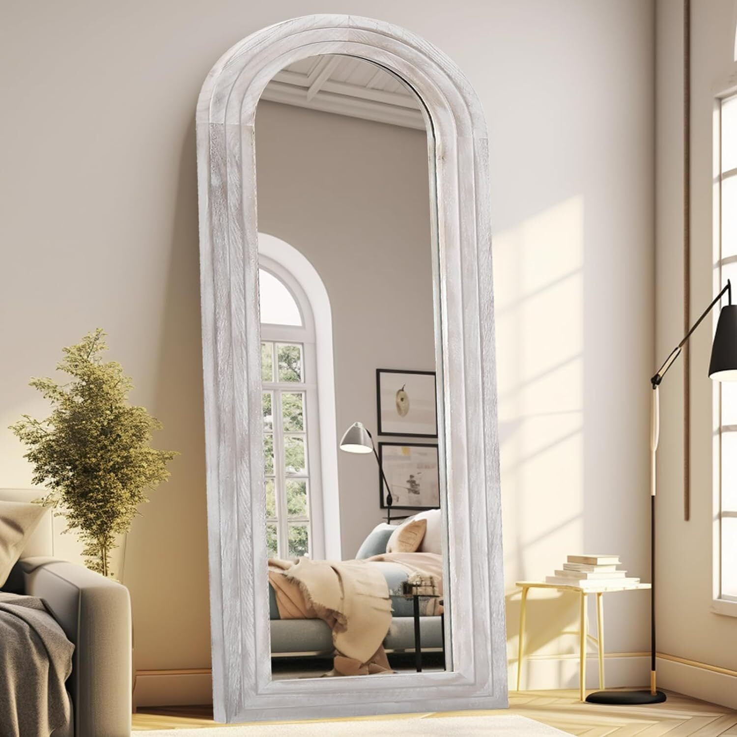 Anyrose 65.2"x22" Arch Wooden Framed Full-length Floor Mirror, White