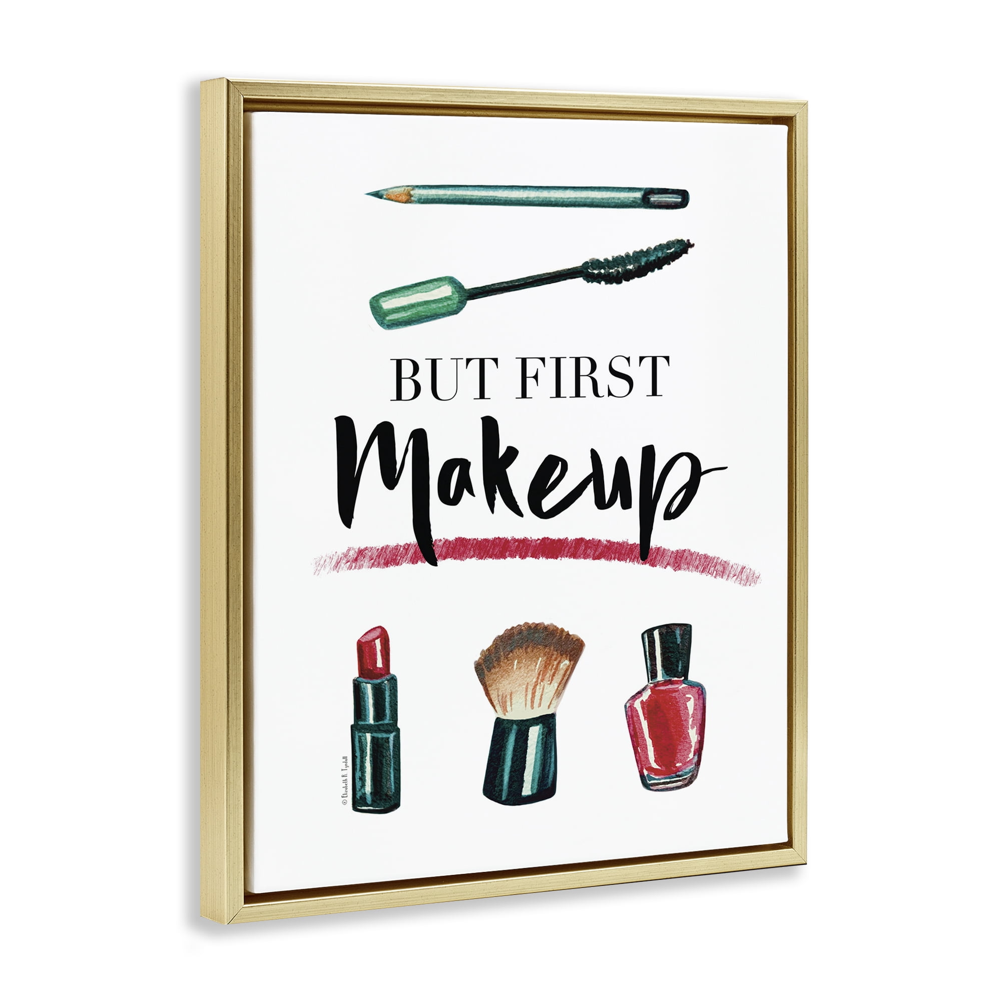 Stupell Industries But First Makeup Beauty & Fashion Painting Gold Floater Framed Art Print Wall Art, 17 x 21