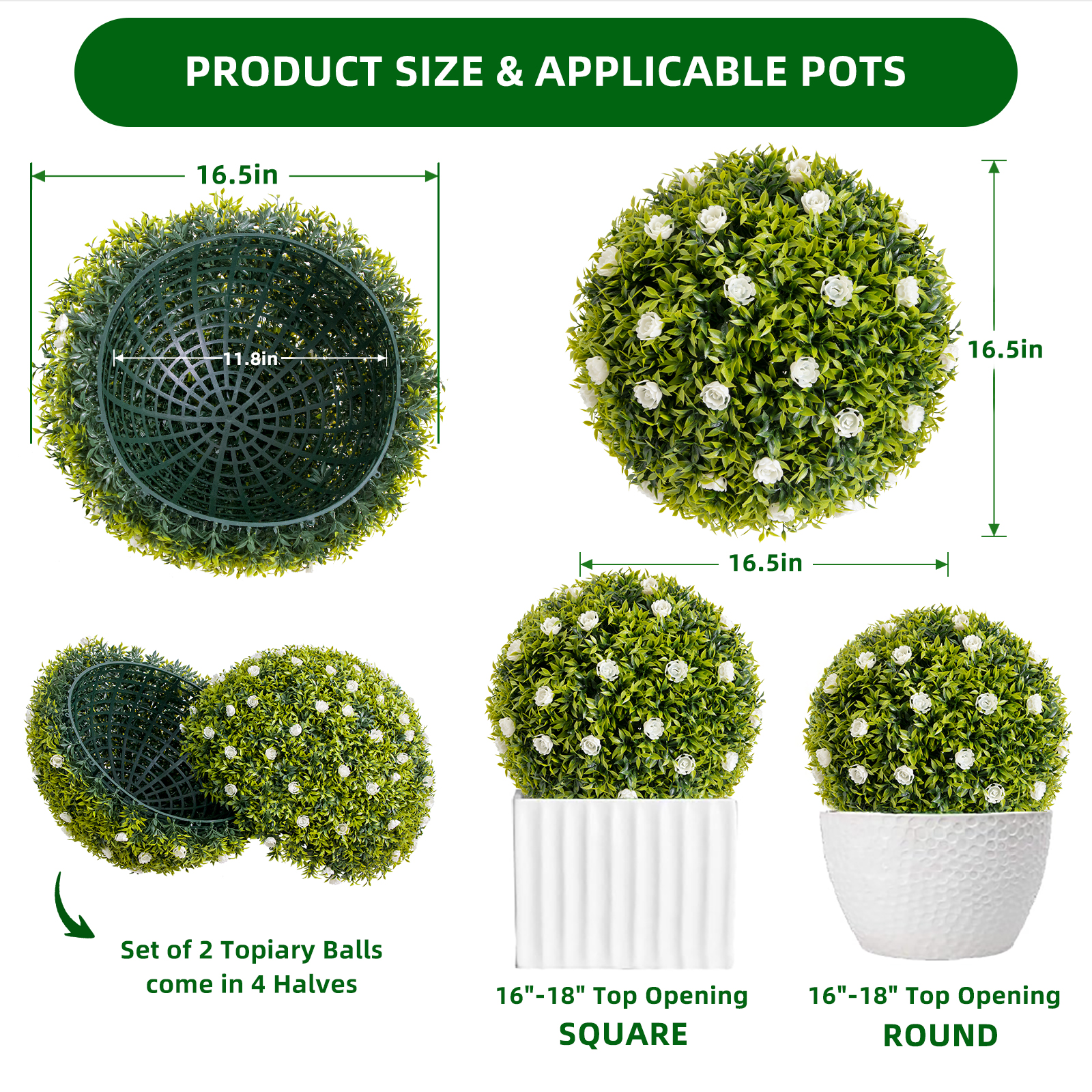 Tzou 2Pcs Artificial Boxwood Topiary Ball with Flowers, 16.5" Faux Hanging Greenery Ball for Outdoor Planters, Porch, Balcony, Home Decor