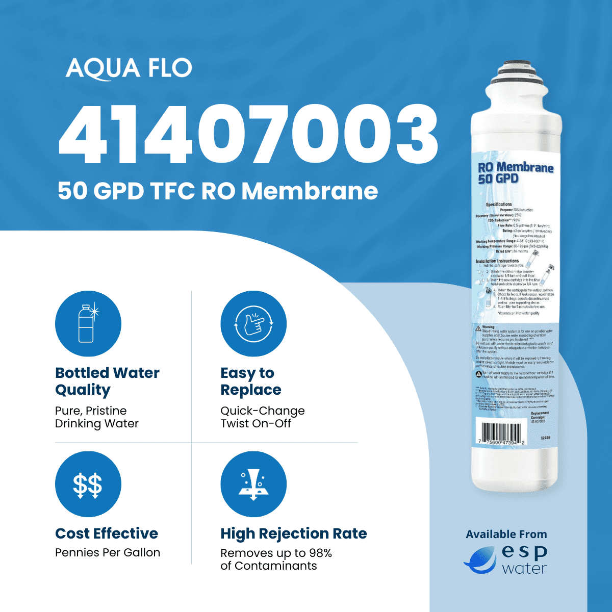 Aqua Flo 41407003 Quick Change 50 GPD TFC RO Membrane – For Aqua Flo Platinum QCRO System