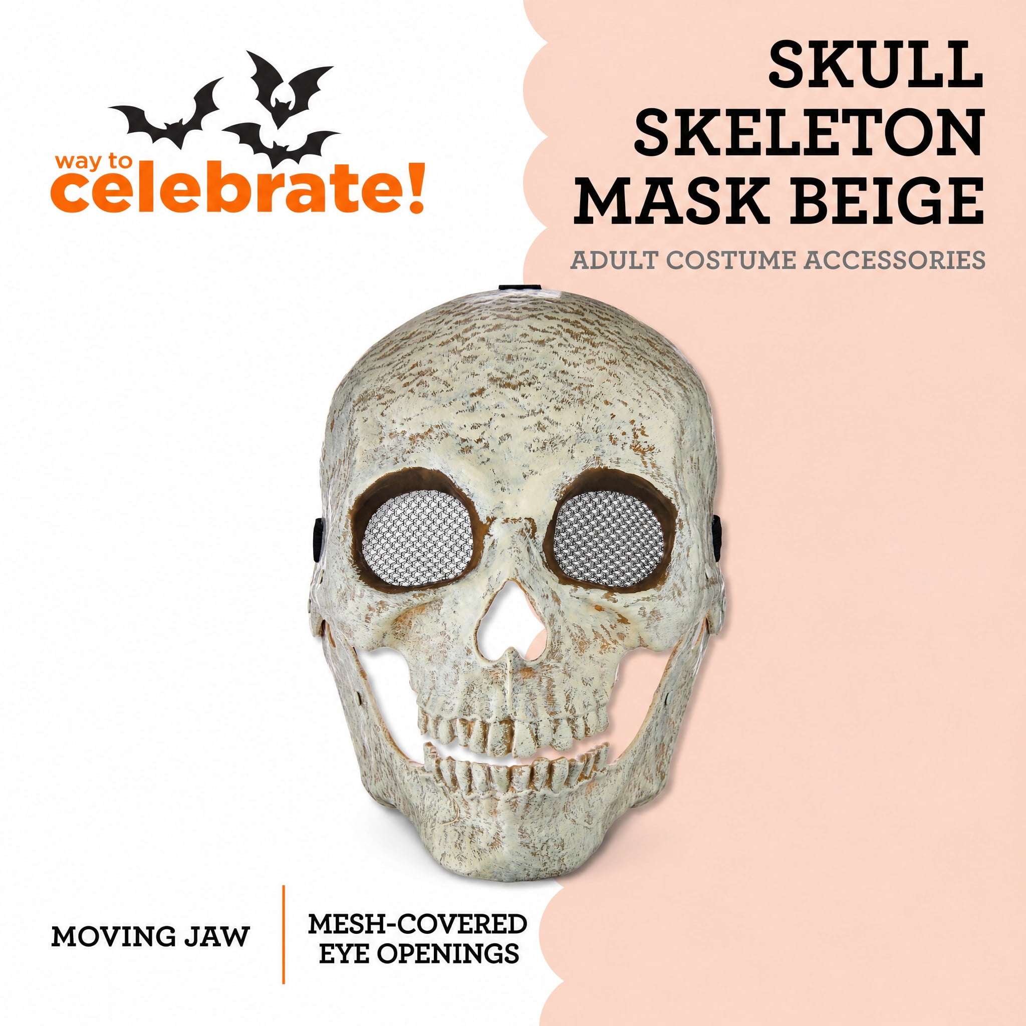 Skull Skeleton Mask Costume Accessory for Adults, Beige, Halloween by Way To Celebrate
