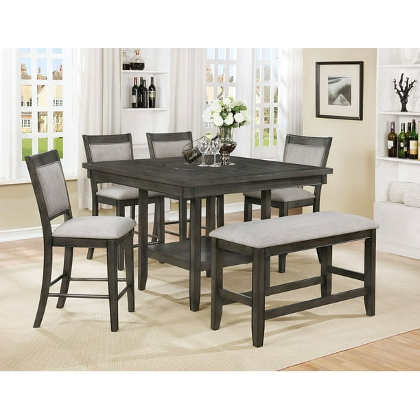 Grey 6pc Counter Height Dining Table Set Bottom Shelf Side Chairs Bench Set Modern Walmart Com Walmart Com