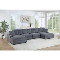 Contemporary Modular Sectional Sofa Dark Gray Corduroy Upholstered 6pc Living Room Set LAF and RAF Chairs Armless Chairs Ottomans