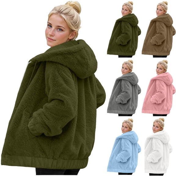 Women's Plus Sherpa Fleece Long Sleeve Hooded Jacket Full Zip Oversized Teddy Coat with Pockets Fall Winter Outfits for Lounge Streetwear, Army Green, L