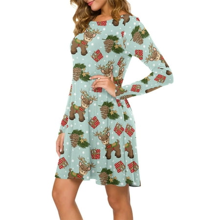 

vbnergoie Women Casual Long Sleeve O-Neck Christmas Print Ladies Loose T-shirt Dress Mini Swing Dress Dress Casual Short Maternity Dress for Women