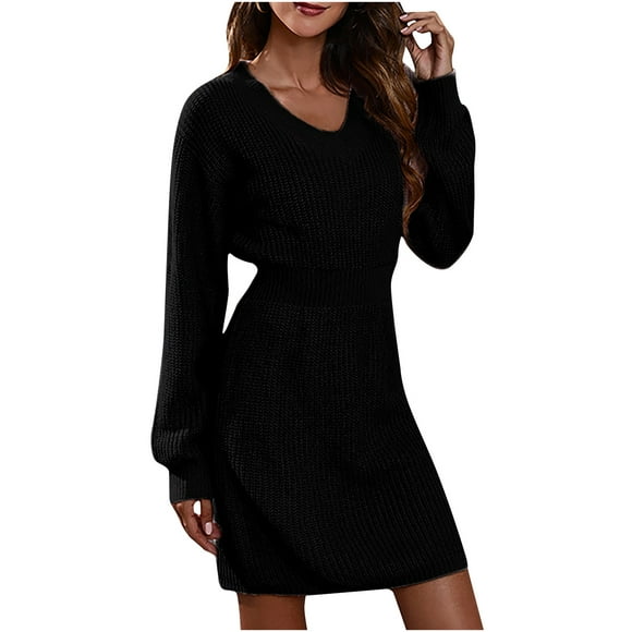 Ladies Fashion Solid Color V-neck Drop Shoulder Long Sleeve Waist Waist Knitted Sweater Dress A3739