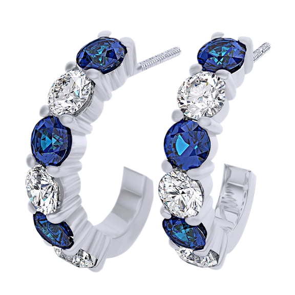 AFFY Round Cut Simulated Blue Sapphire With Natural Diamond J Hoop Earrings In 14K Solid White Gold