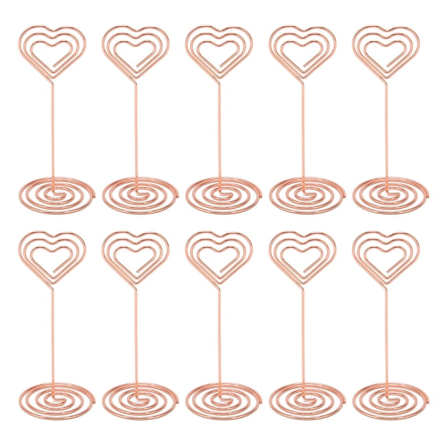 10 soportes para números de mesa, estilo corazón en capas, base estable, soporte de tarjeta de lugar de metal galvanizado para bodas, fiestas, oficinas, oro rosa