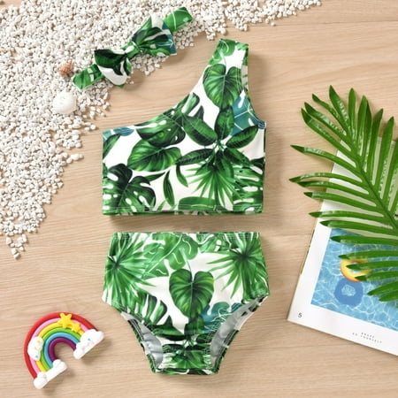 

Baozhu Toddler Baby Girls Hawaii Three Pieces 1-Shoulder Swimsuit Beachwear Suit with Headband