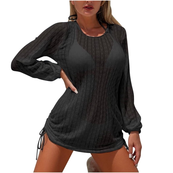 PWPSG Striped Mesh Long Sleeve Cover Up with Triangle Bikini Three Piece Swimsuit Black S