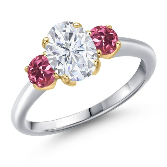 Gem Stone King 925 Silver and 10K Yellow Gold White Moissanite and Pink Tourmaline Engagement Ring for Women | 2.00 Cttw | Oval 8X6MM | Gemstone Birthstone | Size 9