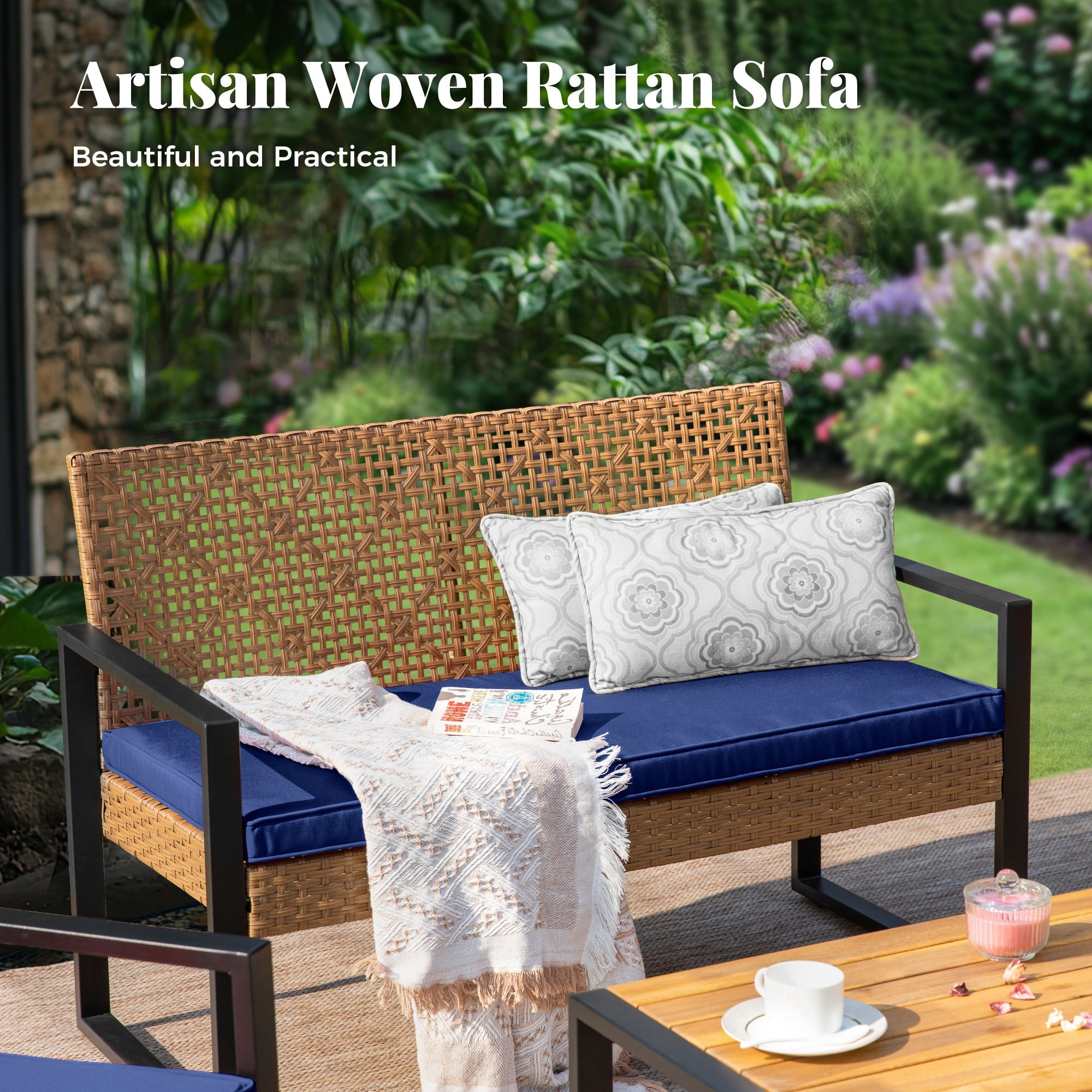 MF Studio 4-Piece All-Weather Rattan Patio Furniture Set, Outdoor Conversation Set with Wood Table, Brown and Navy Blue