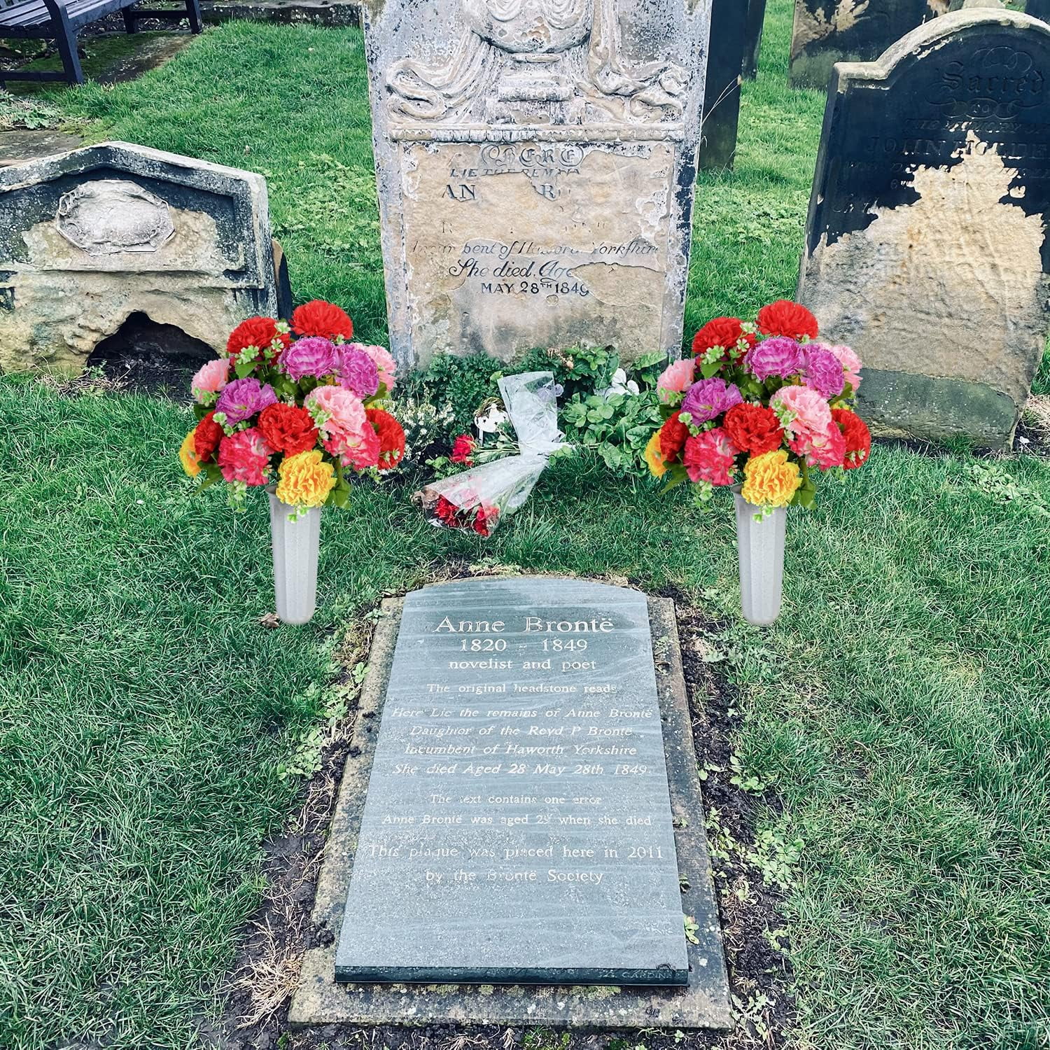 Cemetery Flowers, Set of Artificial Carnation Bouquet Grave Memorial Flowers with Vase for Cemetery Headstones Decoration (Carnation)