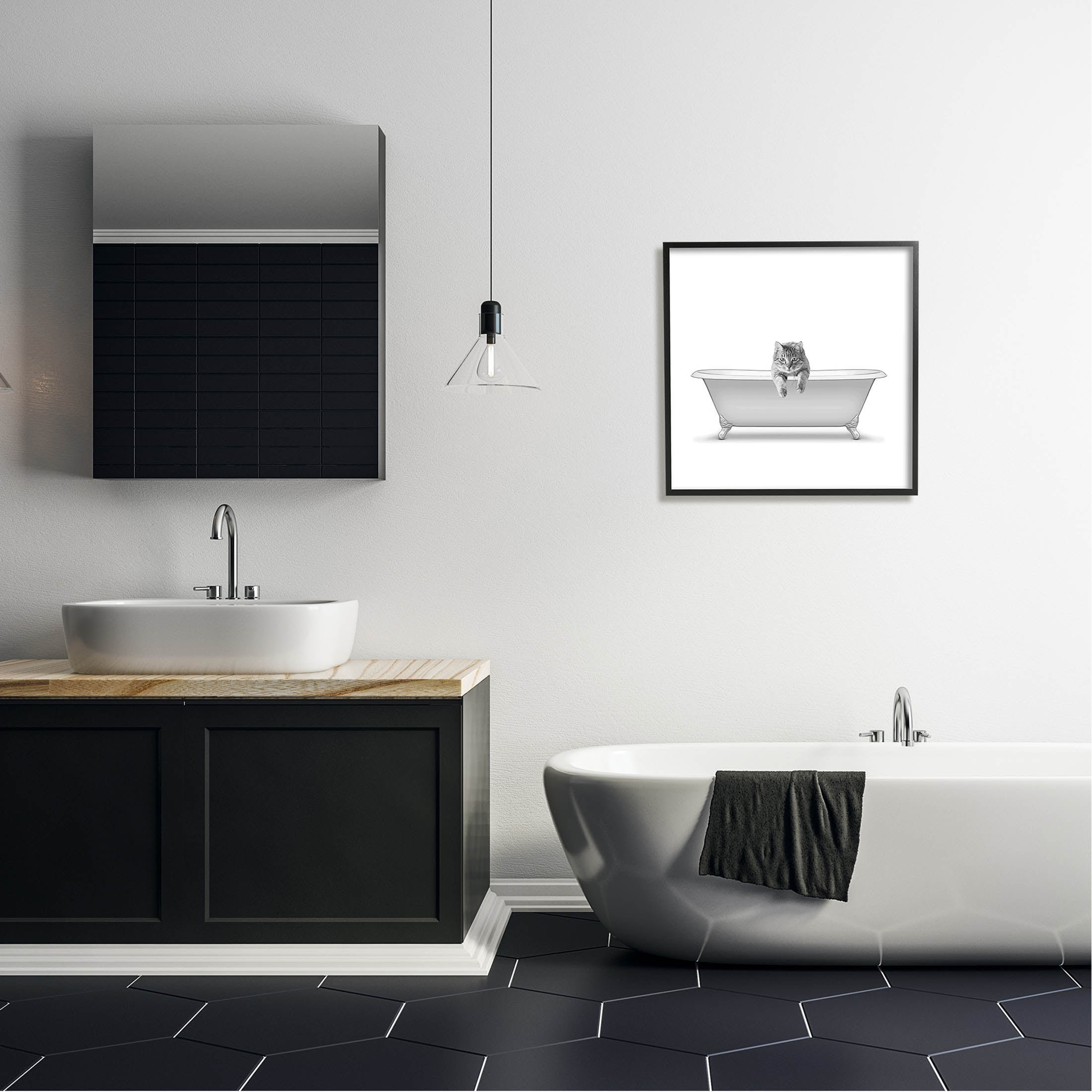 Stupell Industries Cat Antique Tub Funny Bathroom Graphic Art Black Framed Art Print Wall Art, Design by Annalisa Latella