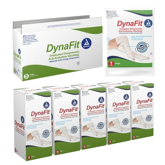Dynarex DynaFit Compression Stockings Thigh High, 8–20 mmHg, Help Prevent Blood Clots, Relieve Pain & Varicose Veins, White, Small, 1 Case of 60 (5 Boxes of 12)