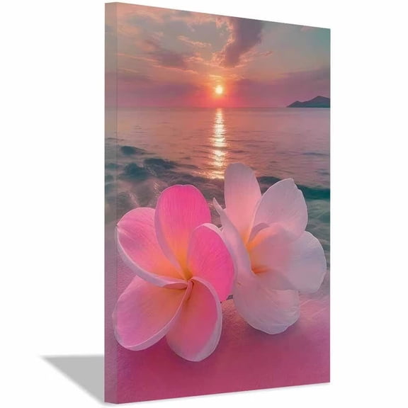 Plumeria Flower Sunset Beach Canvas Wall Art,Tropical Floral Ocean Prints Painting,Minimalist Aesthetic Decor for Living Room Bedroom Bathroom Home Decor,Framed Ready to Hang-12"L x 8"W