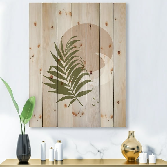 Designart 'Abstract Moon and Sun With Green Leaf II' Modern Print on Natural Pine Wood