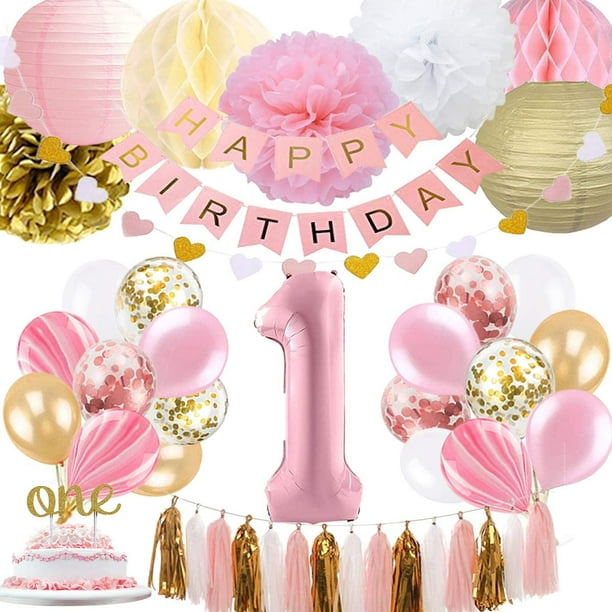 Décoration de 1er anniversaire de fille, décoration de premier anniversaire  de fille avec bannière de joyeux anniversaire, ballons numéro 1 pour  décoration de fournitures de fête rose et or 1er anniversaire - - 