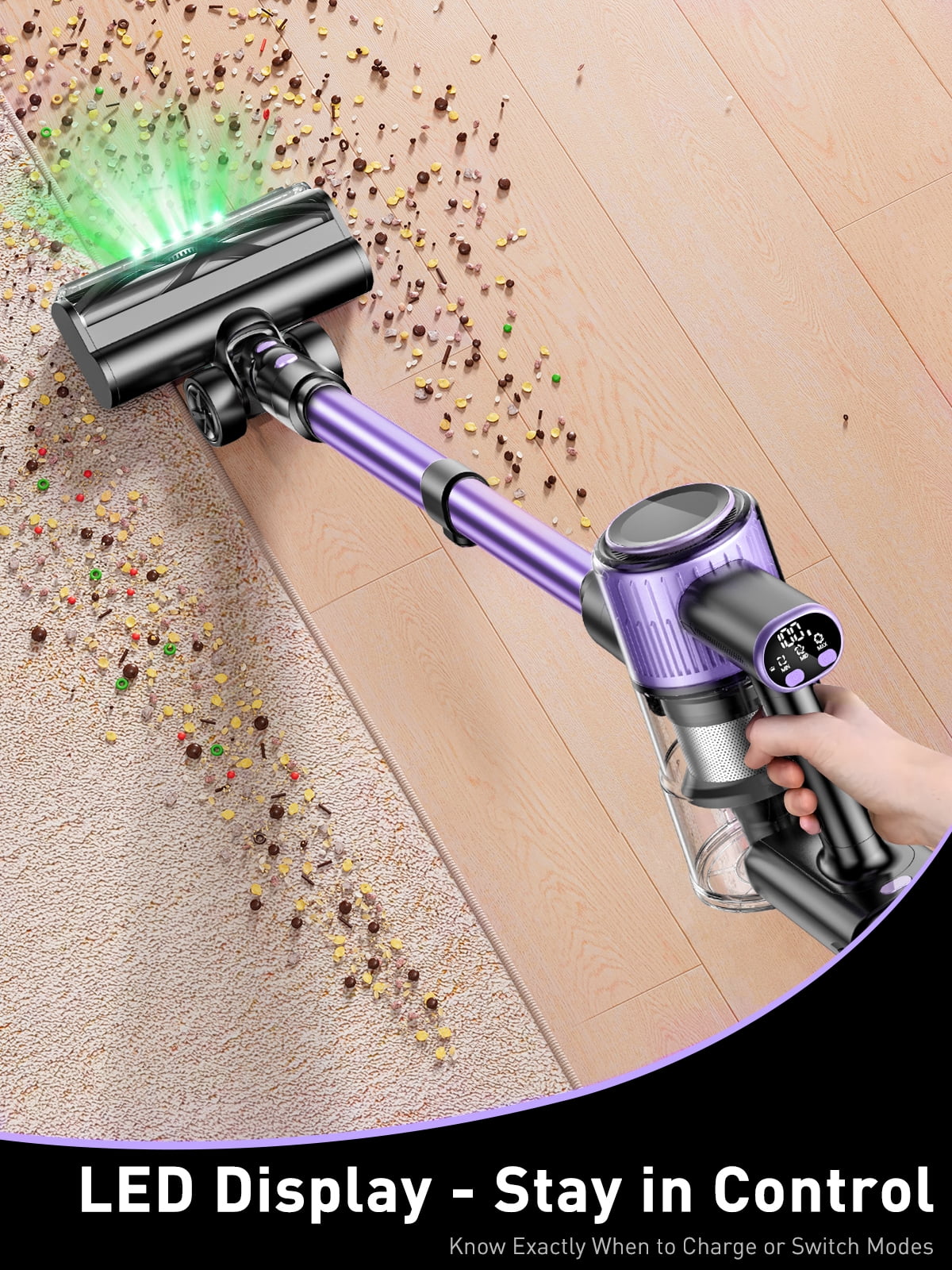 Cordless Vacuum Cleaner, 40Kpa Stick Vacuum with Powerful Suction, Hose, Green LED Light, Anti-Tangle Brush, Lightweight Rechargeable Vacuum Cleaner for Home, Hardwood Floors, Carpets,Purple