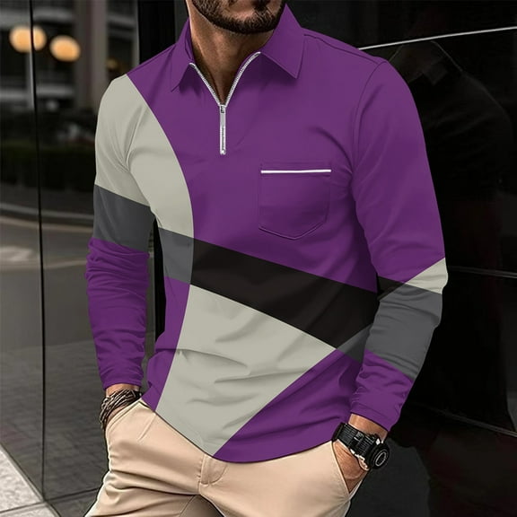 LEBONYARD Mens Tops Clearance under $5,Mens Hoodies Pullover,Men's Casual Printed Zipper T-shirt Shirt Long Sleeved Lapel Top Purple S
