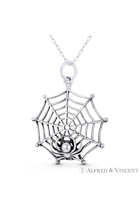 Black Widow Spider on Web Arachnid Charm 34x26mm (1.3x1in) Pendant Animism Jewelry in Oxidized .925 Sterling Silver