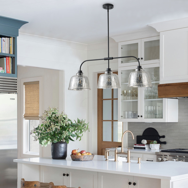 37.01 inches Pendant Light Fixture with Seeded Glass Shade, 3-Light Hanging Lighting for Living Room, Dining Room (E26 Base)