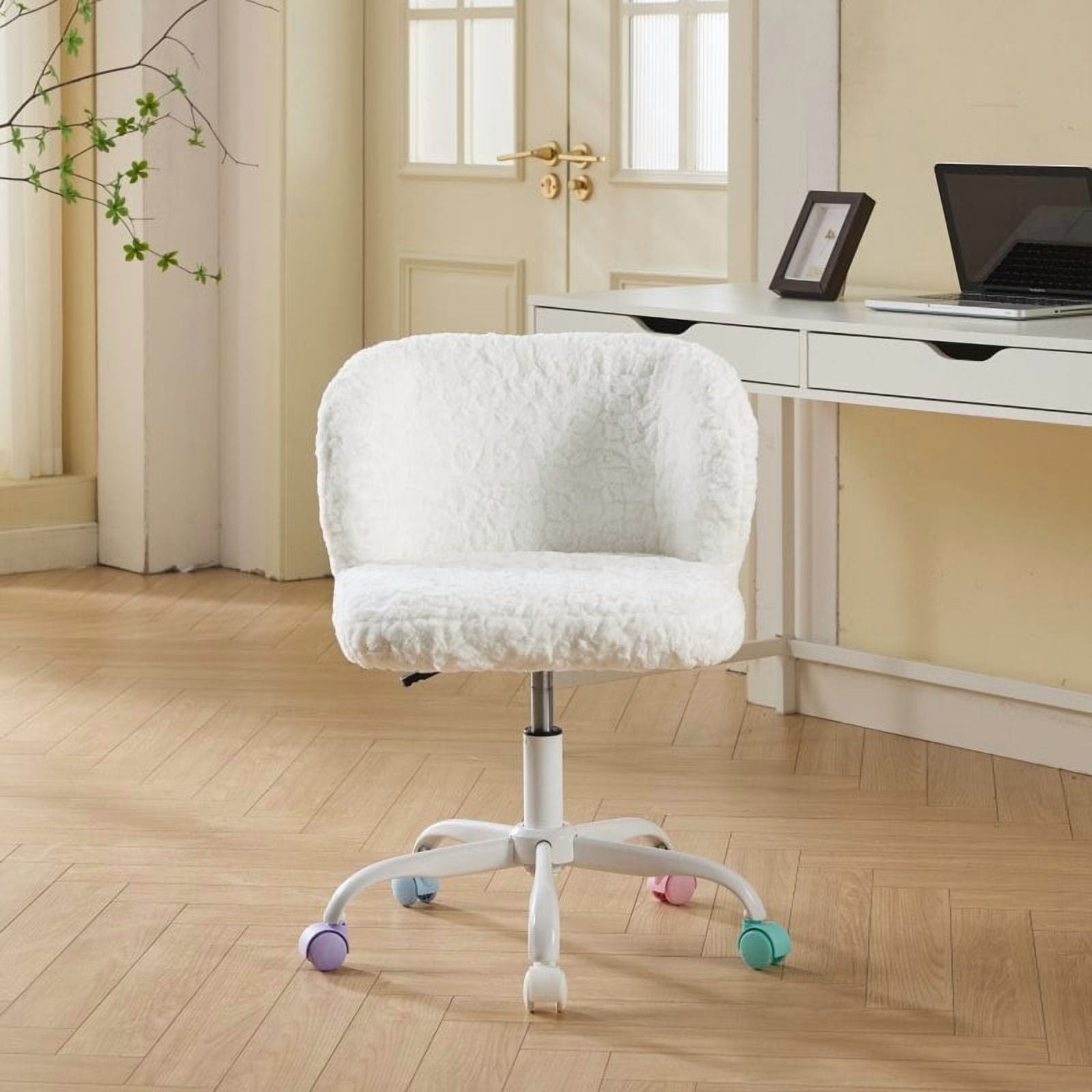 White Fuzzy Desk Chair with Wheels, Fluffy Vanity Chair for Women & Teens, Faux Fur Swivel Makeup Chair, Adjustable Height for Bedroom Small Space