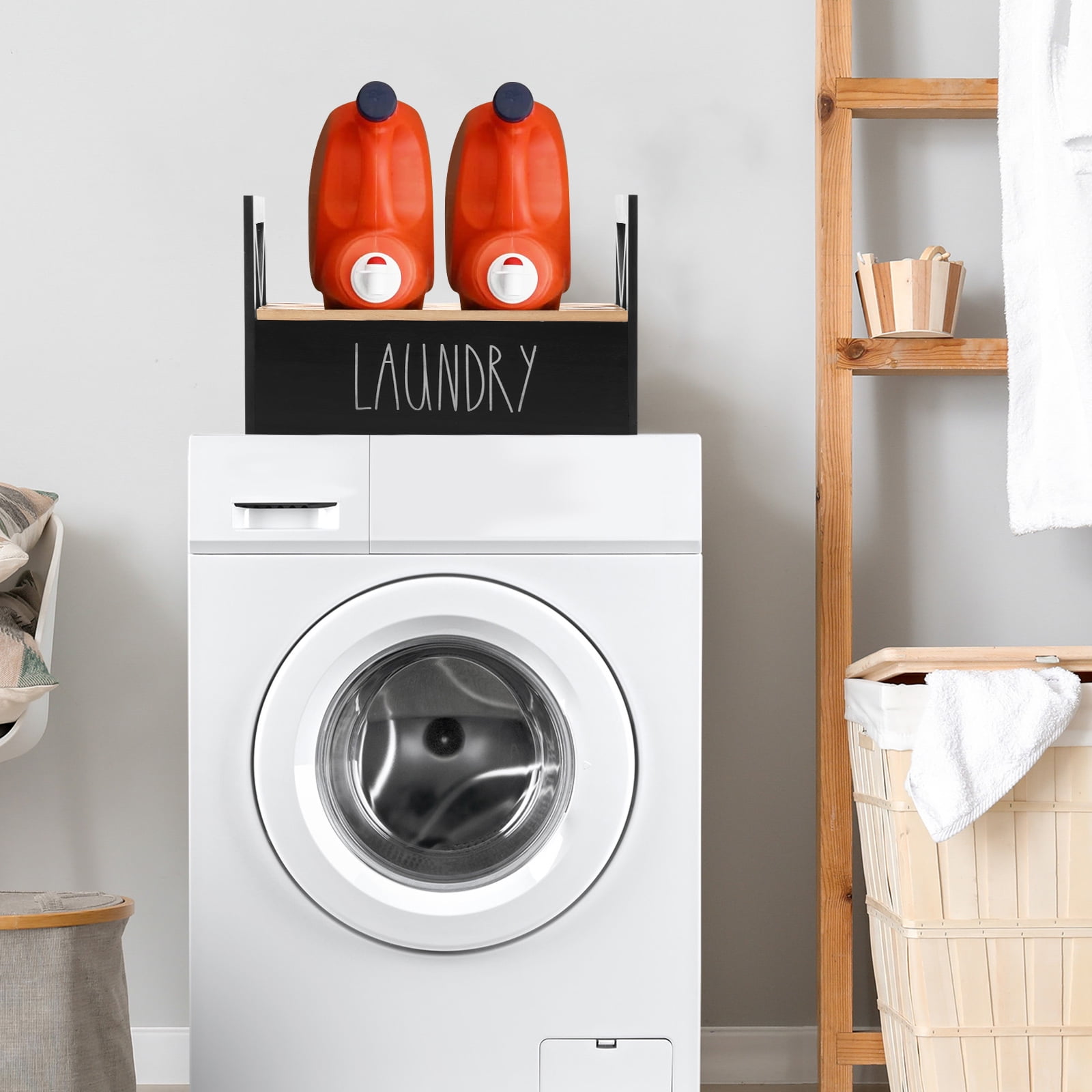 LINFANG Wooden Laundry Detergent Holder Easy Assembly Liquid Soap Storage Organizer Liquid Detergent Stand for Household Cleaning Supplies