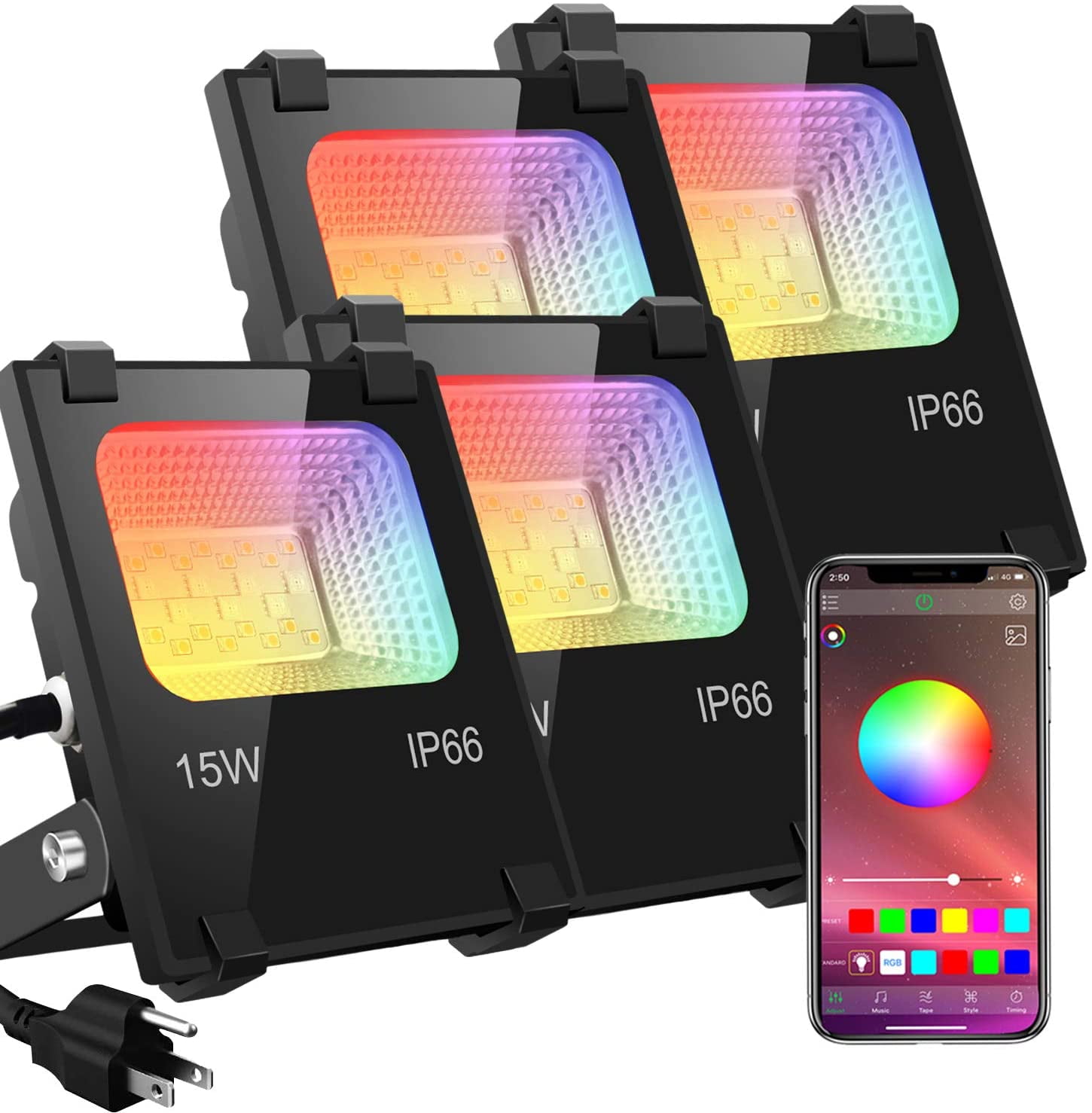 LED Flood Lights RGB Color Changing 100W Equivalent Outdoor, 15W Bluetooth Smart Floodlights RGB APP Control, Waterproof, Timing, 2700K&16 Million Colors 20 Modes for Garden Stage Lighting 4 Pack - Walmart.com
