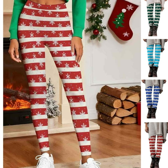 Gamivast Womens Christmas Leggings Plus Size Striped Printed High Waisted Pull on Holiday Pants Smoothing Stretch Tummy Control Ankle Length Funny Leggings Christmas Clothing