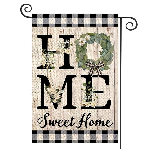 DMERBYL Home Sweet Home Magnolia Small Garden Flag Burlap Vertical Double Sided Spring Farmhouse Rustic Buffalo Check Plaid Flower Home Decor for Yard Lawn Patio Outdoor 12x18 Inch