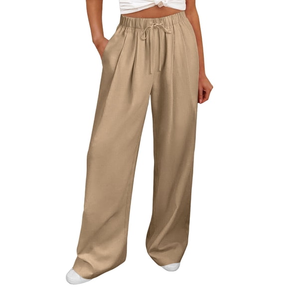 Fewfanhot Linen Pants Women Summer Fashion 2026 High Waisted Wide Leg Drawstring Flowy Beach Trousers with Pockets