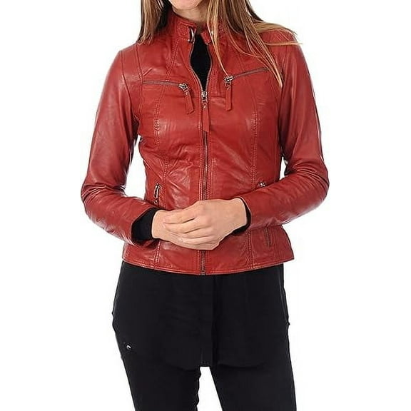 HOT! Women's Genuine Red Lambskin Leather Jacket Slim Fit Biker jacket Coat W651