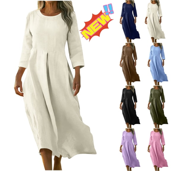 Taqqpue Women Linen Dress Casual Solid Color Crewneck Maxi Dress 3/4 Sleeve A Line Dress Flowy Swing Beach Vacation Sundress Plus Size for Women