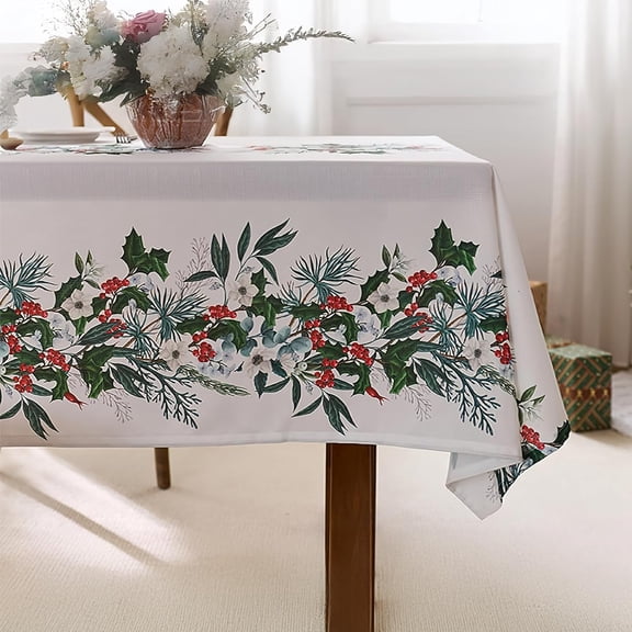Waterproof Christmas Tablecloth,Rectangular 60x84inch Table Cover, Harvest Holly Berries Leaves,Festival Kitchen Decor for Xmas Dinner Party Picnic,White