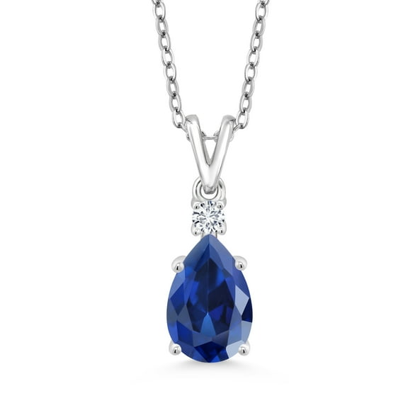 Gem Stone King 2.17 Cttw Blue Created Sapphire and White Lab Grown Diamond Pendant Necklace for Women | 925 Sterling Silver | With 18 inch Silver Chain