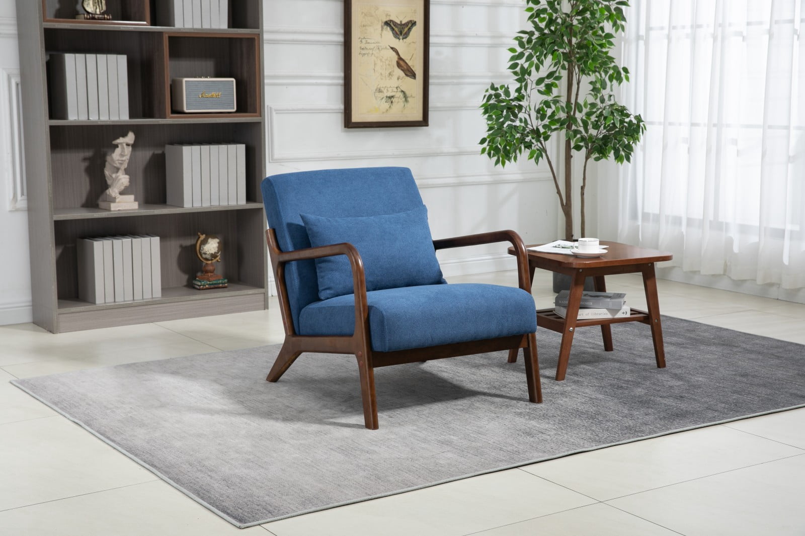 Mid Century Modern Accent Chair Upholstered Living Room Chair with Waist Cushion Wood Frame Reading Armchair for Bedroom Sunroom Indoor Lounge Chair, Dark Blue