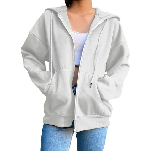 Oversized Zip Up Hoodie for Women Baggy Loose Basic Zipper Hooded Sweatshirt Coat Y2K Jacket