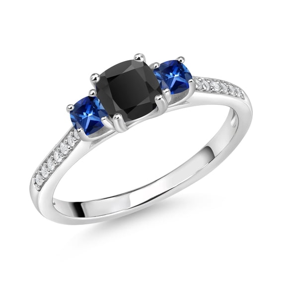 Gem Stone King 925 Sterling Silver Cushion Black Onyx Blue Created Sapphire and White Moissanite 3 Stone Engagement Ring for Women (0.86 Cttw, Gemstone December Birthstone, Size 9)