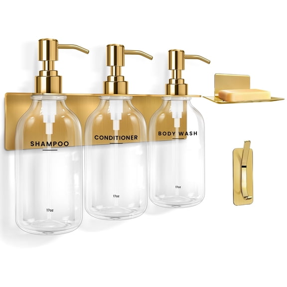 Shampoo and Conditioner Dispenser - Shower Soap Dispenser Wall Mounted - 17 fl oz Set of 3 Transparent Plastic Bottles Black Pump - Shampoo Dispenser, Shower Dispenser