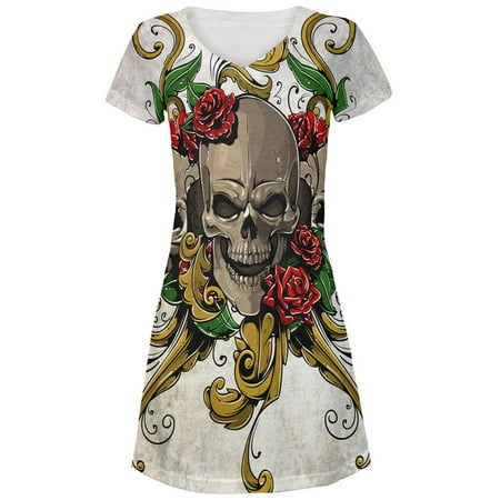 - Skulls and Roses Metal Tattoo All Over Juniors V-Neck Dress