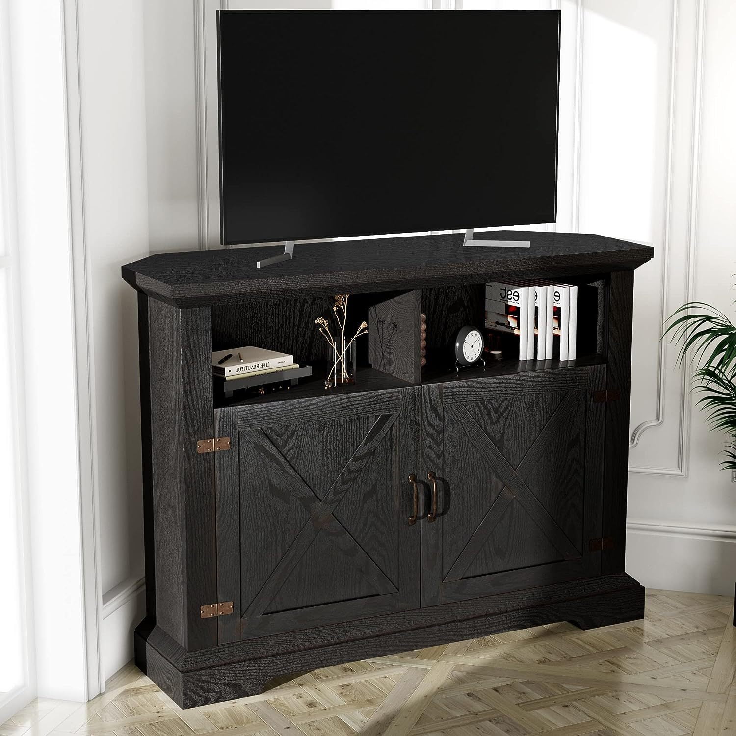 Modern Farmhouse Wood Corner TV Stand with Barn Doors for TV's up to 50