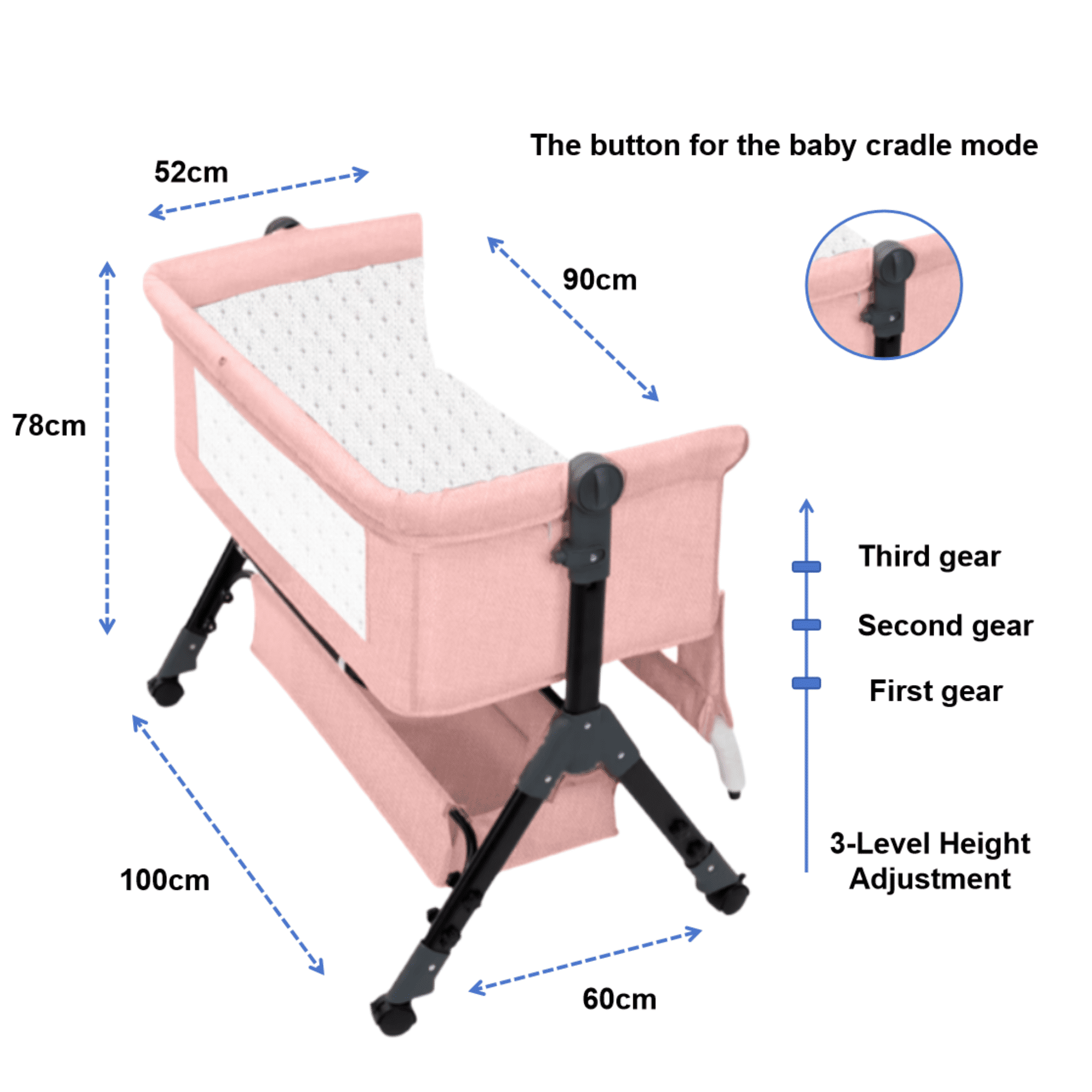 EaseBaby Baby Bassinet,Portable Bedside Sleeper,Rocking Crib with Changing Table,Adjustable Height, Mosquito Net,Unisex,Pink
