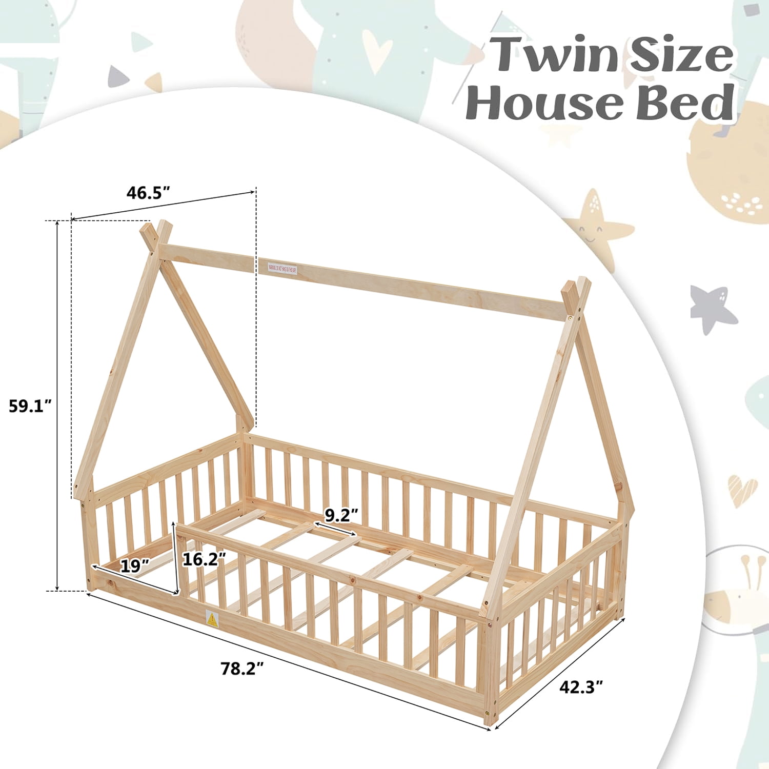 Twin Size House Floor Bed, Wood Montessori Bed Frame with Fence Guardrails, House Beds Frame (Twin,Natural)