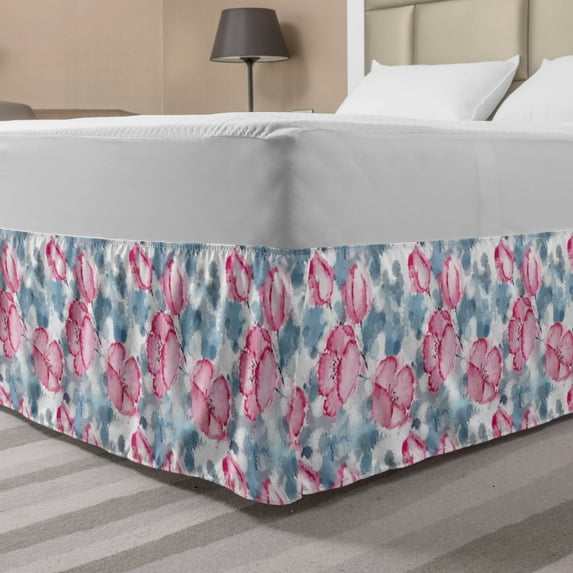 Spring Bed Skirt, Flower Pattern Watercolor Blossom Gardening Petals Motif in Pastel Colors, Elastic Bedskirt Dust Ruffle Wrap Around for Bedding Decor, 4 Sizes, Blue Grey and Pink, by Ambesonne