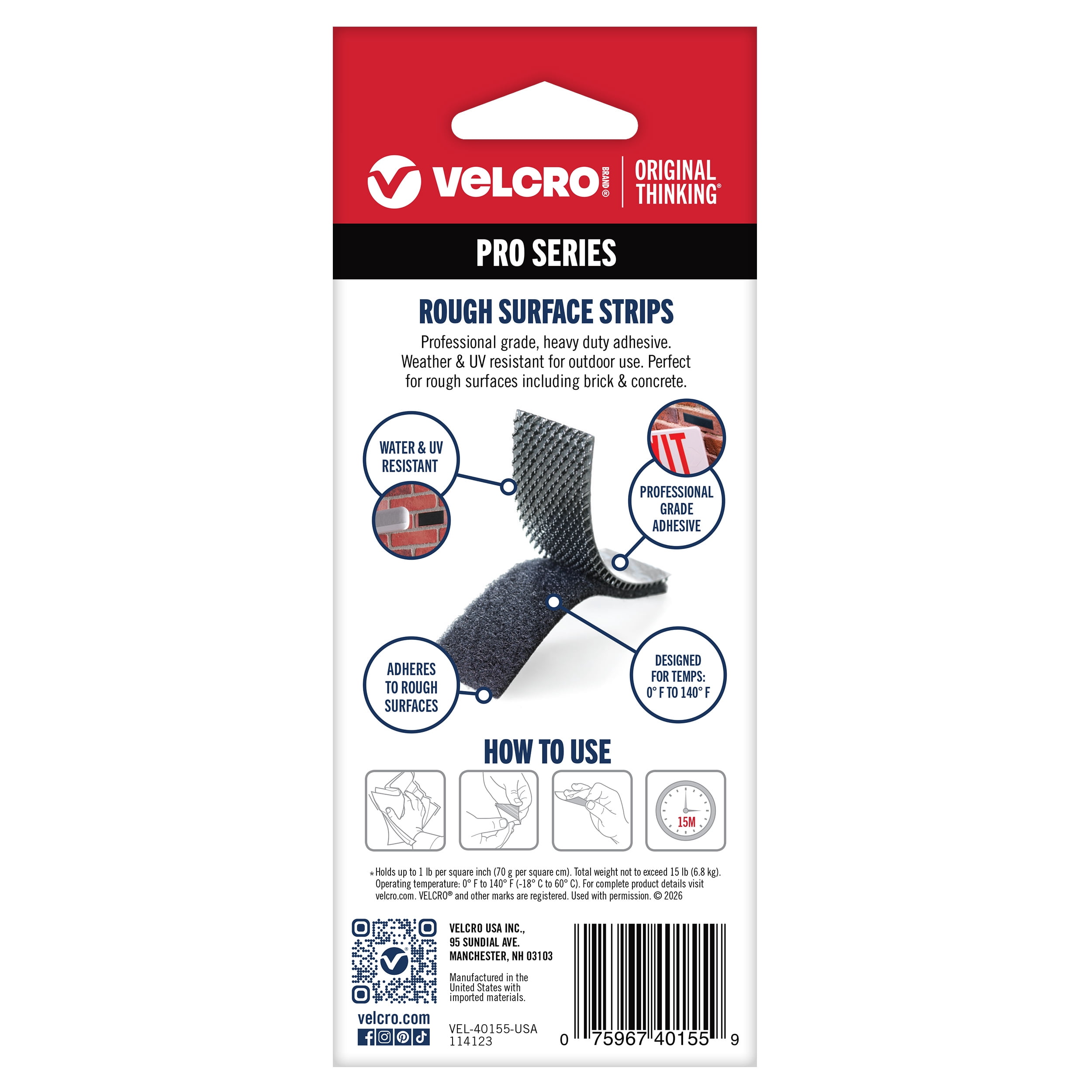 VELCRO Brand PRO Series Rough Surface Fastener Strips, Holds up to 15 lbs on Brick, 3.5 in x 1.5 in, Black, 8 Count